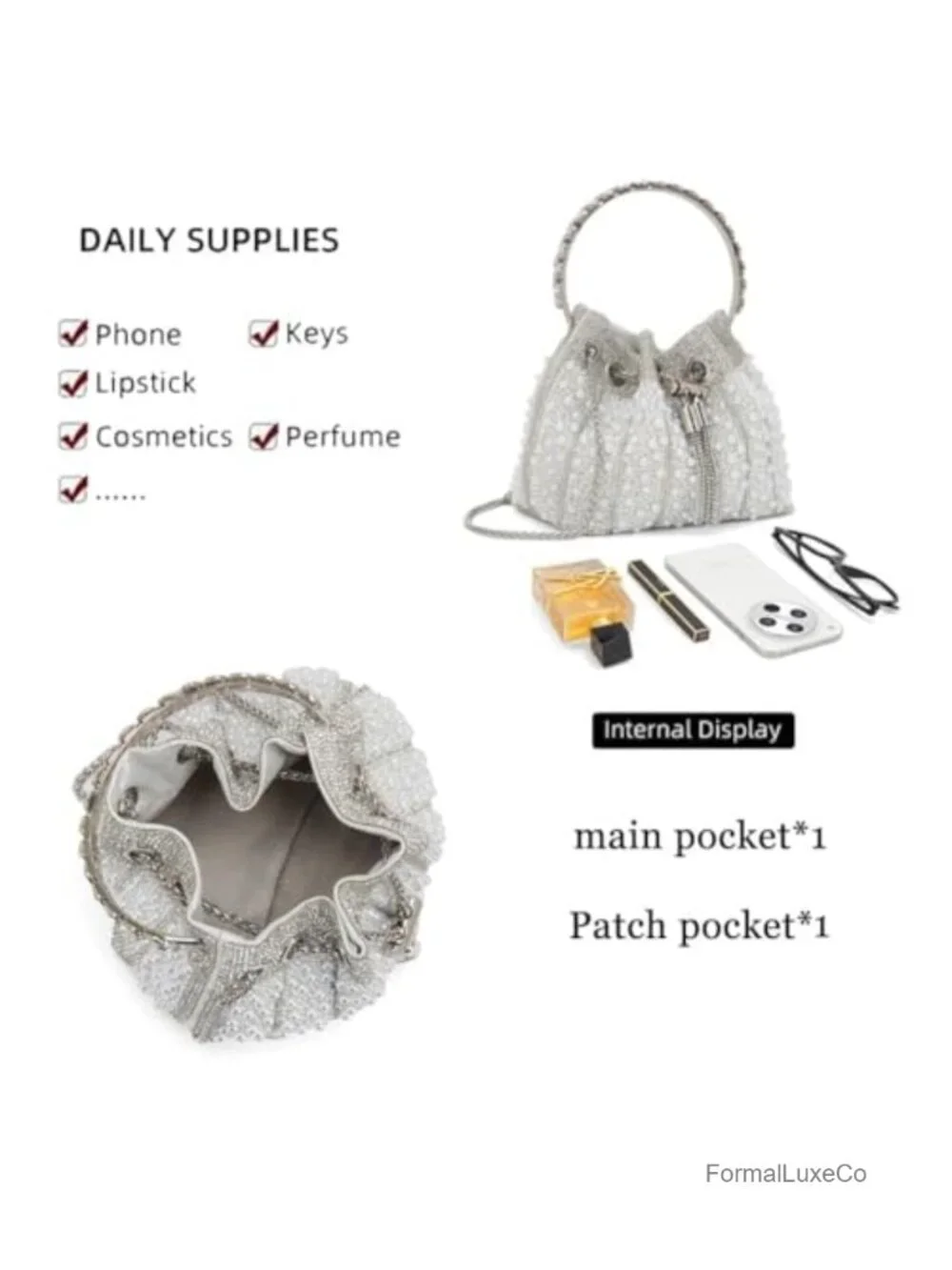 Pearl Clutch Purse Vintage Rhinestone Bucket Evening Bag Crossbody Handbag